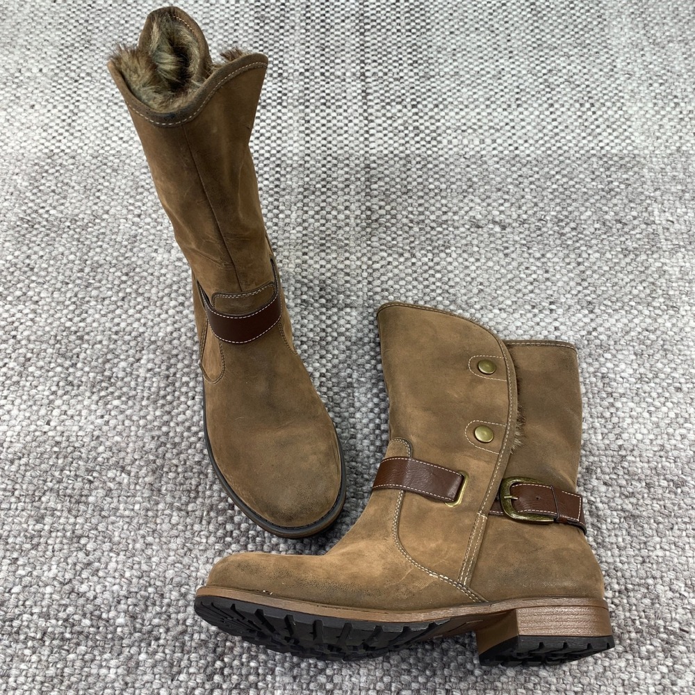 Crown Vintage Rhyme Boots Womens 10 Brown Faux Fur Mid Calf Lug Sole Buckle